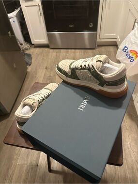 AMIRI Beige and Olive Suede Low-Top Sneakers
